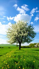 Blossoming tree in a vibrant field under a bright sky