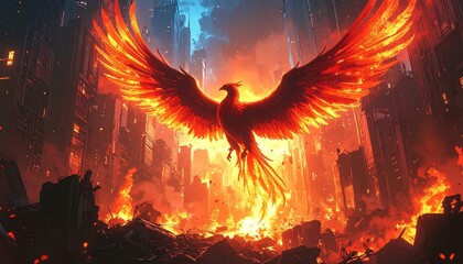 Majestic Phoenix of Fire Ascends Over a Burning, Ruined Metropolis