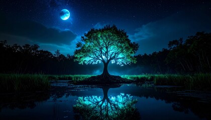 Sacred Luminous Tree Reflecting in a Tranquil Swamp Under a Starry Moon