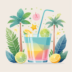 Pastel Tropical Cocktail Bar Flatlay Minimalist Vector Illustration