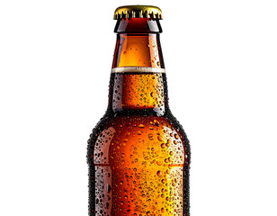 Close-up of a cold beer bottle, wet with condensation