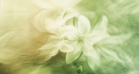 Fototapeta premium Ethereal Bloom: A delicate floral composition with soft, blurred edges, where gentle petals in dreamy tones of gold and jade dance in a display of natural elegance. 