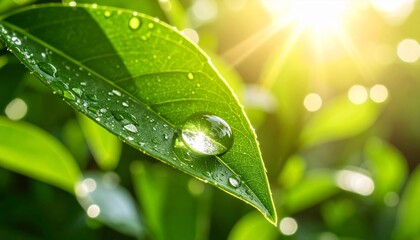 Golden Sunlight Illuminates a Perfect Water Droplet on a Fresh Green Leaf