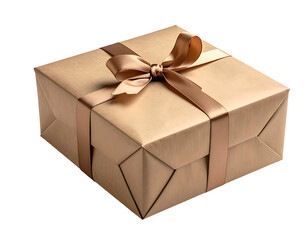 Beige gift box with gold ribbon bow, presented