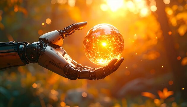 A Robotic Hand Cradles a Glowing Neural Network Sphere in Golden Sunlight. - Powered by Adobe