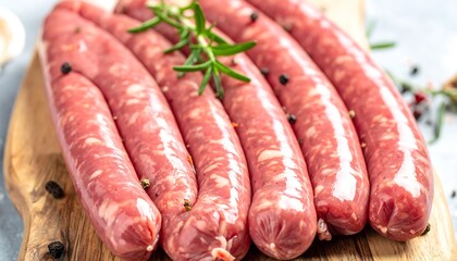 Raw sausages on a wooden board with herbs