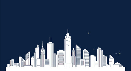 Vector art of a stylized white silhouette of a modern city skyline with various skyscrapers and a bridge, set against a dark blue background, illuminated by scattered golden fireworks, suggesting a ce