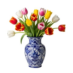 Vibrant Spring Tulips in Elegant Delft Vase

