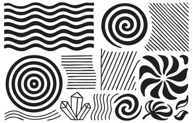 Hand Drawn Abstract Line Pattern Spiral and Geometric Shapes Collection Isolated on Transparent Background, Generative AI