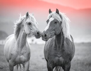 Obraz premium Two horses facing each other at sunset