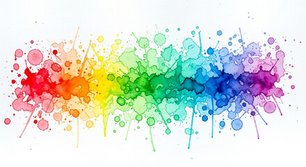 A vibrant rainbow of watercolor paint splatters and drips across a white background, creating a colorful and artistic effect isolated on white background