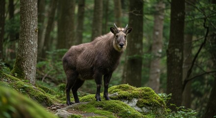 Fototapeta premium Forest deer standing on rocks covered in moss