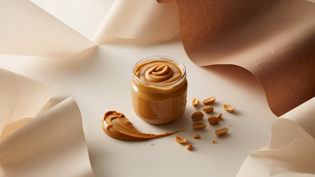 Jar of peanut butter with scattered peanuts and a smear on a neutral fabric background