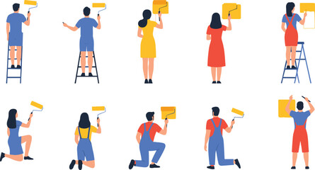 Wall painting illustration, cartoon painters, home renovation, paint roller art, DIY activity, vector design, creative work, interior decor, teamwork scene