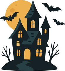 Spooky haunted castle with full moon and bats, haunted house with bats flying in the moonlight vector illustration.
