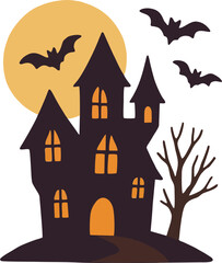 Spooky haunted castle with full moon and bats, haunted house with bats flying in the moonlight vector illustration.