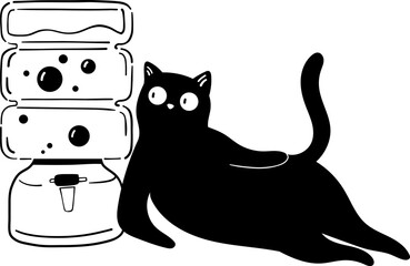 Black cat reclines next to a water cooler