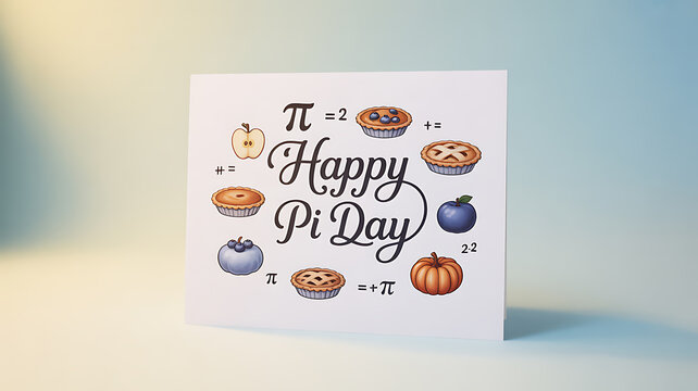 Illustrated greeting card celebrating Pi Day with pies and mathematical symbols