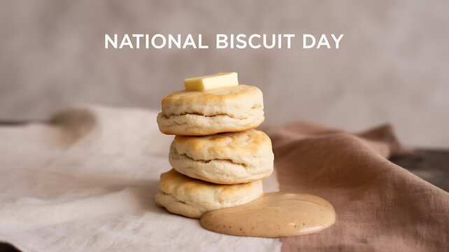 Stack of golden biscuits with butter and syrup on a cloth, celebrating National Biscuit Day