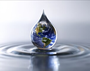 A single drop of water reflects the Earth, symbolizing the preciousness of our planet and the vital role of water