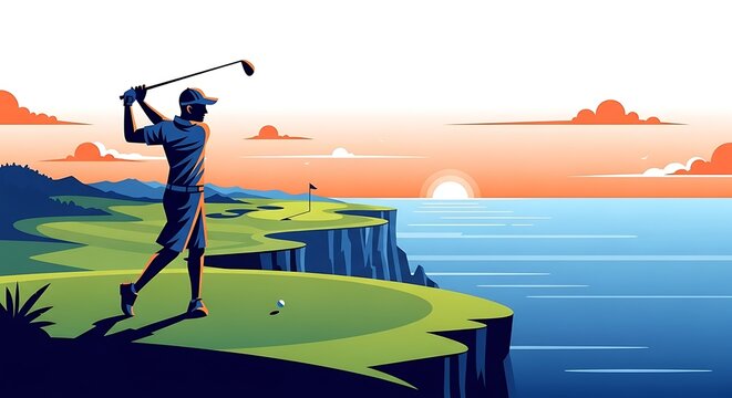 Golfer tees off at sunset.