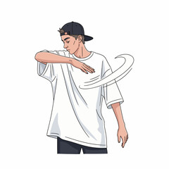 2D flat vector illustration of boy in casual streetwear performing an arm wave dance move from hand to shoulder.