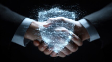 Business Partners Shaking Hands With a Digital Shield Symbolizing Trust and Security in Their Agreement