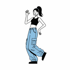 2D flat vector illustration of girl baggy pants and crop top, doing a hip hop side step move with one hand raised, cheerful facial expression