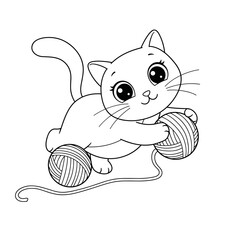 A playful cartoon kitten interacts with two balls of yarn, holding one with its paw while strands unravel around its feet. Its cheerful eyes and raised tail add a lively, child-friendly feel.