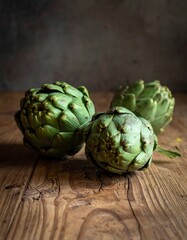 Obraz premium Three fresh artichokes rest on a rustic wooden table. Dark background