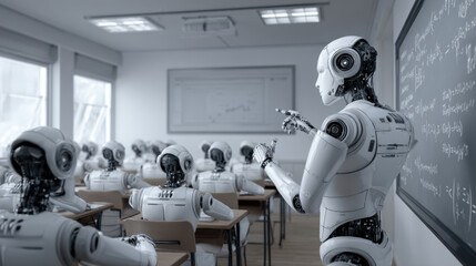 Robots attending a classroom lecture with a humanoid teaching robot in front of a chalkboard writing mathematical equations and engaging with students.