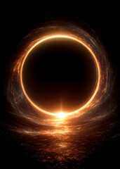 A mesmerizing cosmic portal emits a warm glow at twilight, surrounded by swirling energy in the vast dark expanse of space. Stars twinkle faintly in the background.