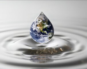 Conceptual image of planet Earth inside a single water droplet poised above ripples, symbolizing global conservation and environmental fragility