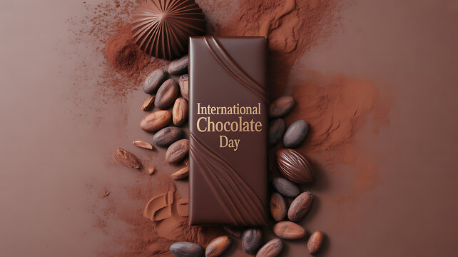 A chocolate bar surrounded by cocoa powder and cocoa beans on a brown background, celebrating International Chocolate Day