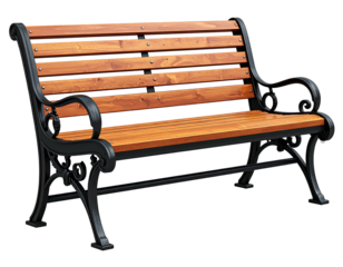 Outdoor wooden park bench with ornate metal arms