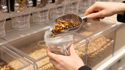 Person scoops almonds from a bulk dispenser into a clear plastic bag in a store.