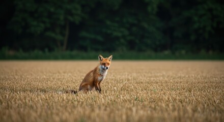 Fox sitting in golden wheat field