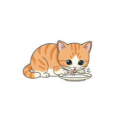 Obraz premium Cute orange kitten eating from a dish on a white background 