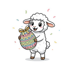 Cute cartoon lamb holding colorful Easter egg with confetti around  