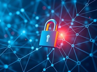 Abstract network with glowing padlock symbolizing cybersecurity