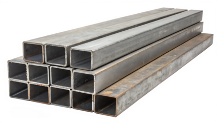 Four types of metal bars stacked in unison cut out on PNG. AI GENERATED.
