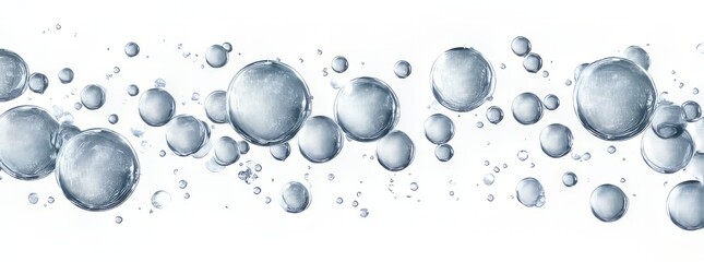 A panoramic banner of clear, effervescent liquid bubbles floating in a dynamic stream against a crisp white background, illustrating purity and freshness
