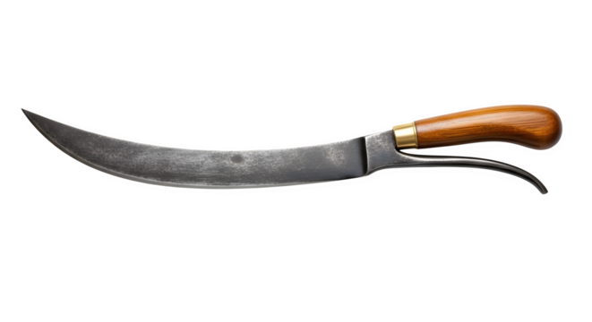 Antique flensing knife isolated on transparent background, a tool used by whalers to strip blubber from whales, featuring a curved blade and wooden handle