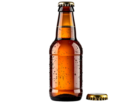 Amber beer bottle, wet with condensation, and cap