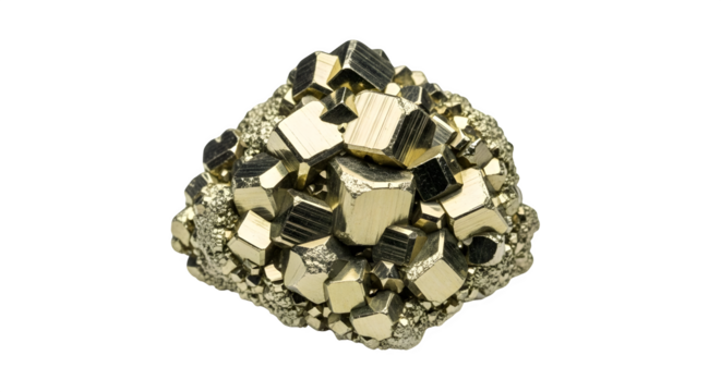 A cluster of pyrite cubes isolated on transparent background, also known as fools gold, a mineral with a metallic luster and pale brassyellow hue