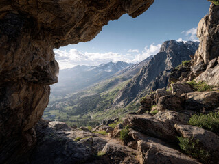 Fototapeta premium Mountain view through rock formation showcasing rugged terrain, lush greenery, and distant peaks under a clear blue sky with clouds creating a serene outdoor atmosphere.