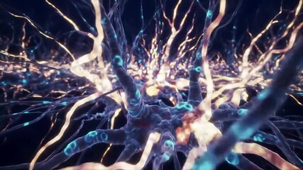 Seamless loop animation of traveling through a futuristic digital brain or neural network with pulsating light signals representing thought processes data transfer and advanced technology. - Powered by Adobe