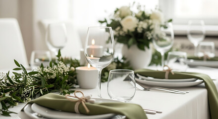 Fototapeta premium Minimalist holiday table setting with white candles, pine branches, and neutral napkins — winter, no religious symbols