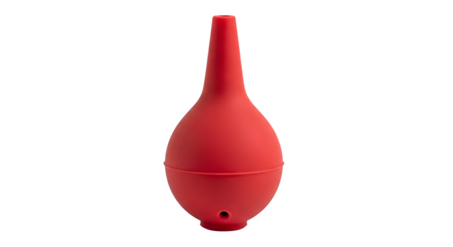 A vibrant red rubber bulb syringe, commonly used for medical or cleaning purposes, stands out against a clean, isolated on transparent background