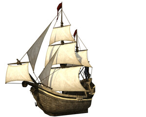 Classic style pirate ship with sails on a transparent background.